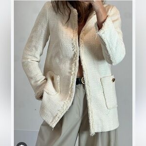 Zara Woman Cream Tweed Knit Textured Longline Front Zip Blazer